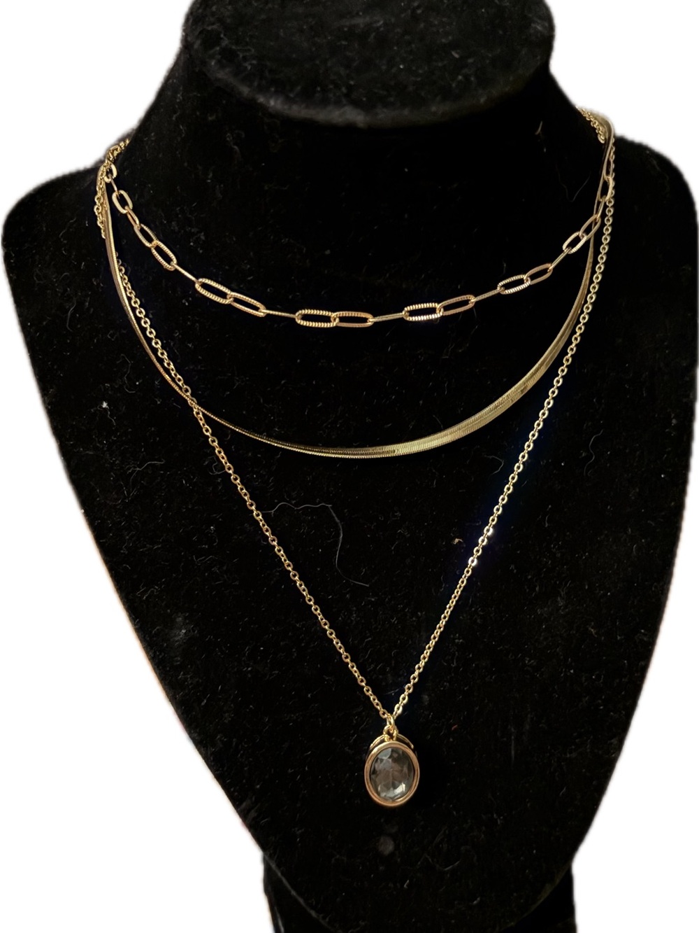 Oval Crystal Pendant Triple Row Necklace